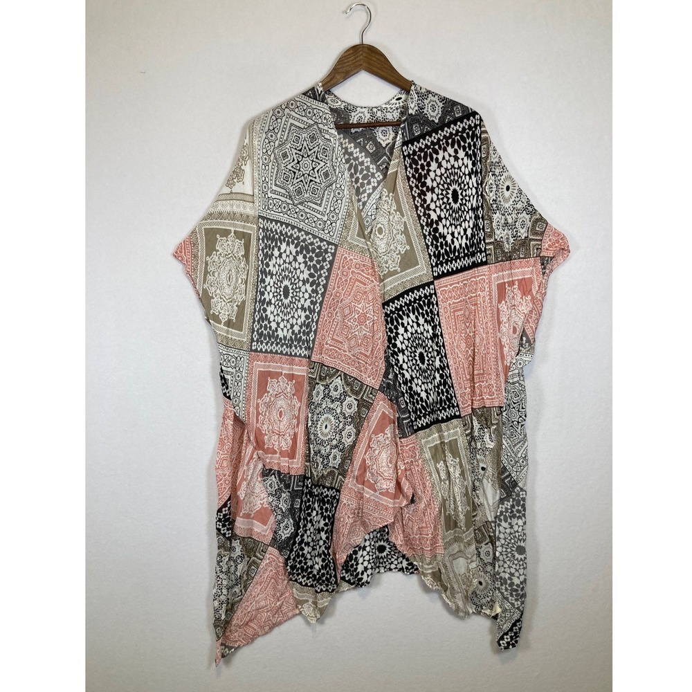 Ethereal Boho Chic Comfyluxe Women OS‎ Pink Black Patchwork Paisley Kimono Wrap